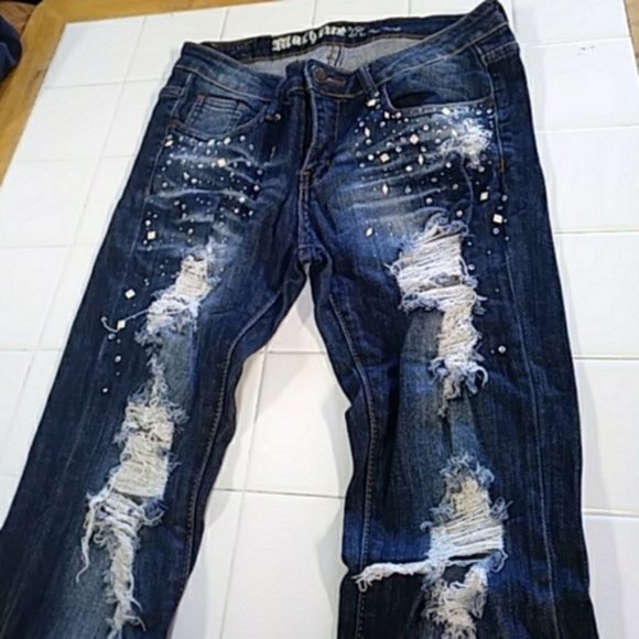 Machine Destroyed Blue Jeans Size 9 - Picture 2 of 8